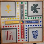 Cross-shaped decorative board with four framed symbols (fleur-de-lis, shamrock, harp, striped flag) and colored dot paths around a central color wheel.